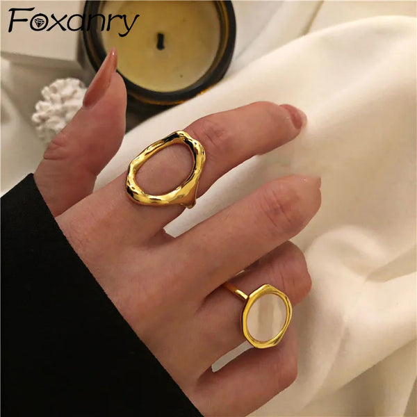 Foxanry Minimalist Gold Color Rings France Vintage Gold Plated Oval Shell Elegant Wedding Bride Jewelry Gifts for Women