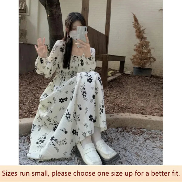 Elegant French Style Dry Print Long Dress Women's Autumn/winter Slimming Dress Feminine Long Sleeve