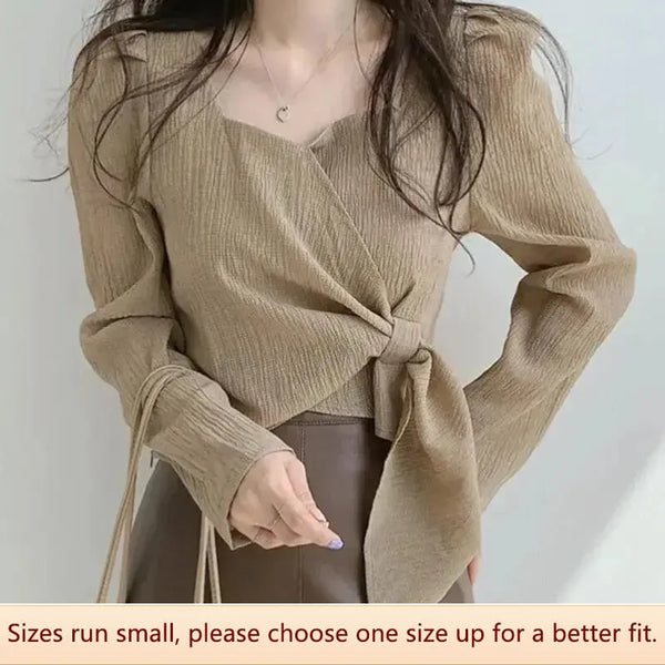 Autumn Women's Square Collar Shirt Niche Design Sensibility Cropped Long Sleeve Top