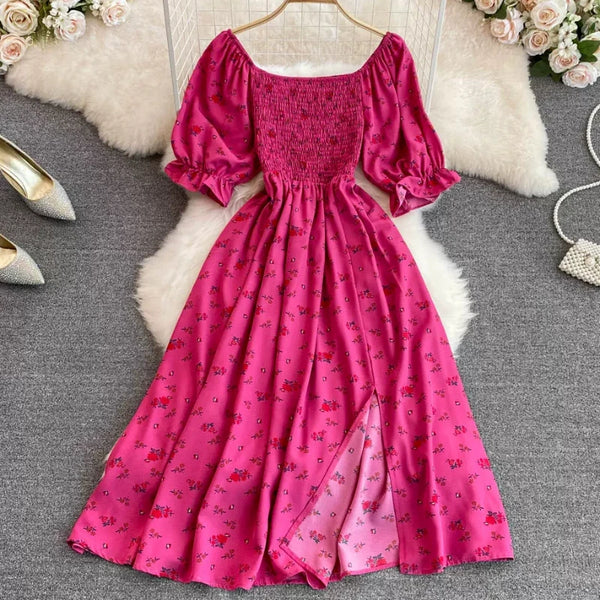 2024 Fashion New Summer Flower Print Long Dress Women Vintage Square Neck Ruched Chest Split  Sundress Party Vestidos