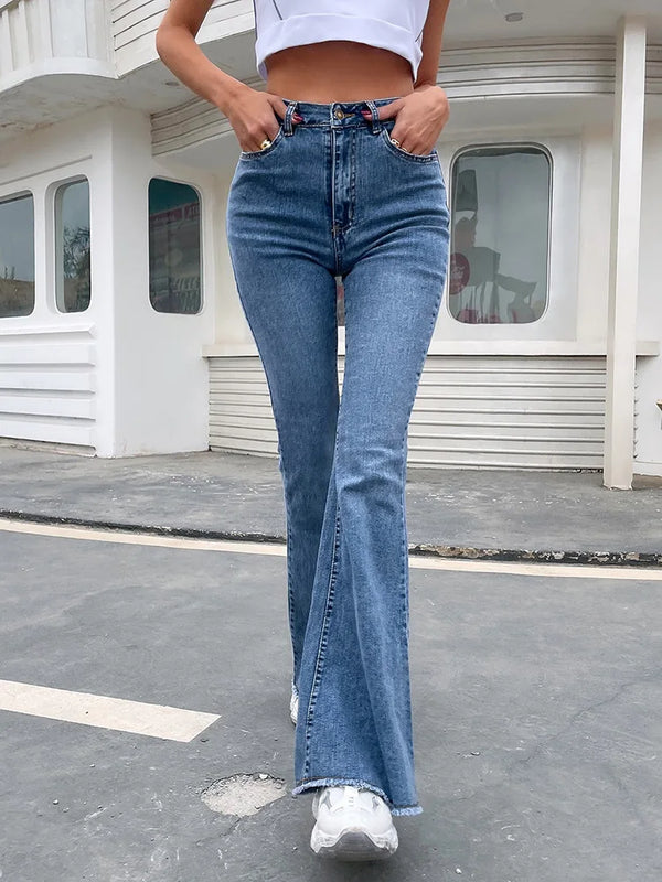 Benuynffy Button Fly Women's Raw Hem Flare Jeans Autumn Fashion Woman Denim Pants Jean Femme High Waist Full Length Slim Jeans