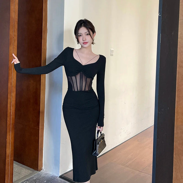 Women's Casual Dresses 2024 Spring New Long Slim Skinny Dresses Fashion Black Fishbone Spice Dresses