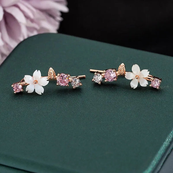 Flower Leaves Stud Earrings For Women Girls Korean Fashion Rhinestone Crystal Stud Earrings For Party Banquet Jewelry Gift