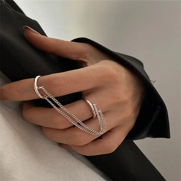 Fashion Punk Chain Double Ring Set Women Hip Hop Open Ring Silver Color Chain Geometric Party Jewlery Gifts Wholesale