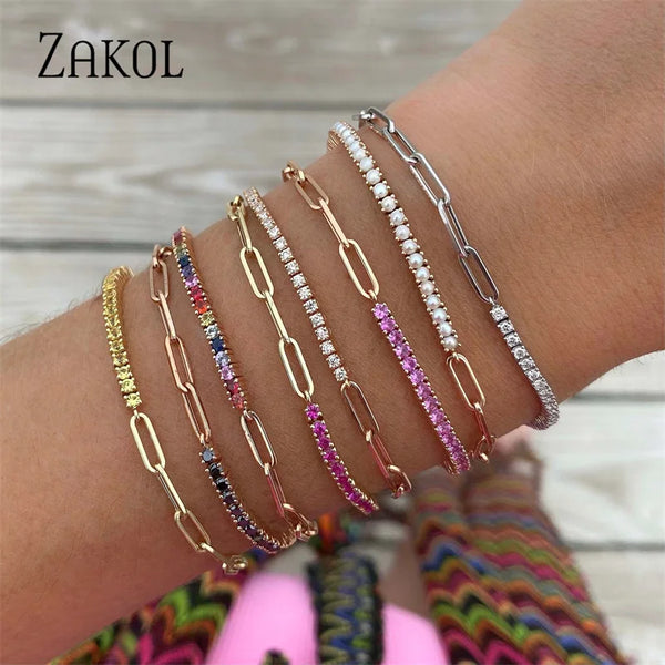 RAKOL Multicolor Round Cubic Zirconia Tennis Bracelets for Women INS Trendy Gold Color Chain Bracelet Party Jewelry