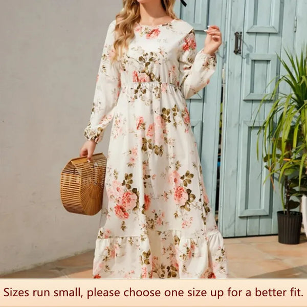 Joom Long Round Neck Floral Dress Women's High-end Feel Waist-fitted Early Spring 2022